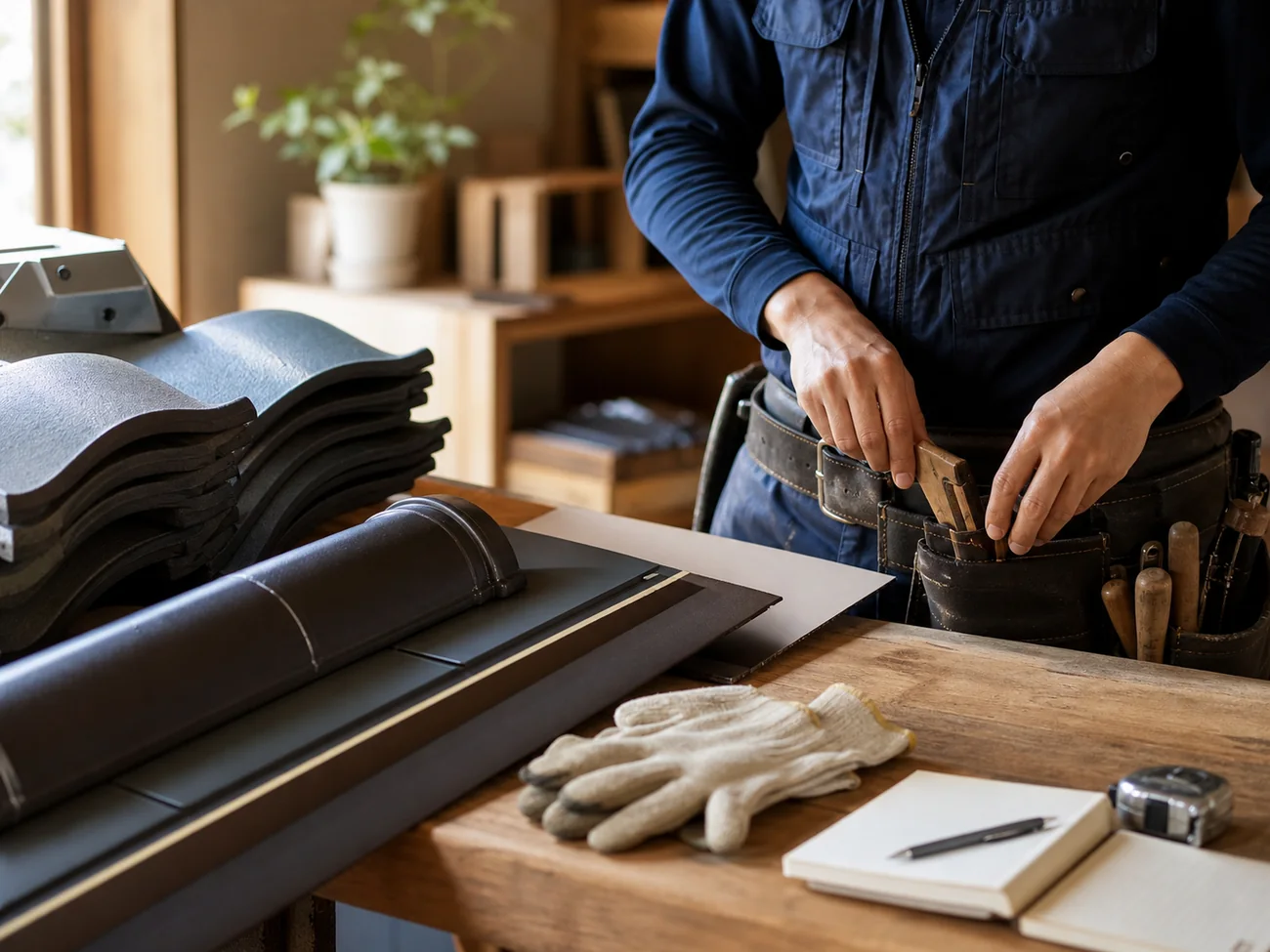 屋根材と工具を整える職人の手元